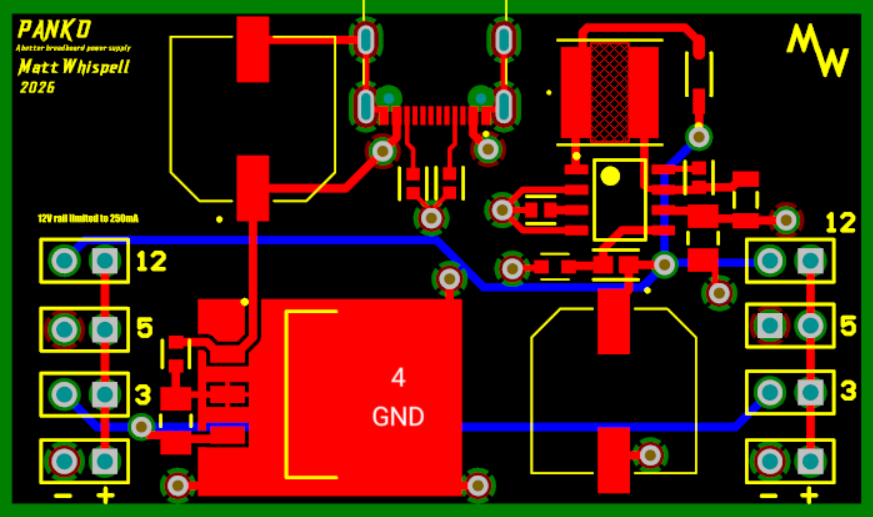 PCB layout in Altium Designer showing the boost converter, linear regulator, and selectable rail headers