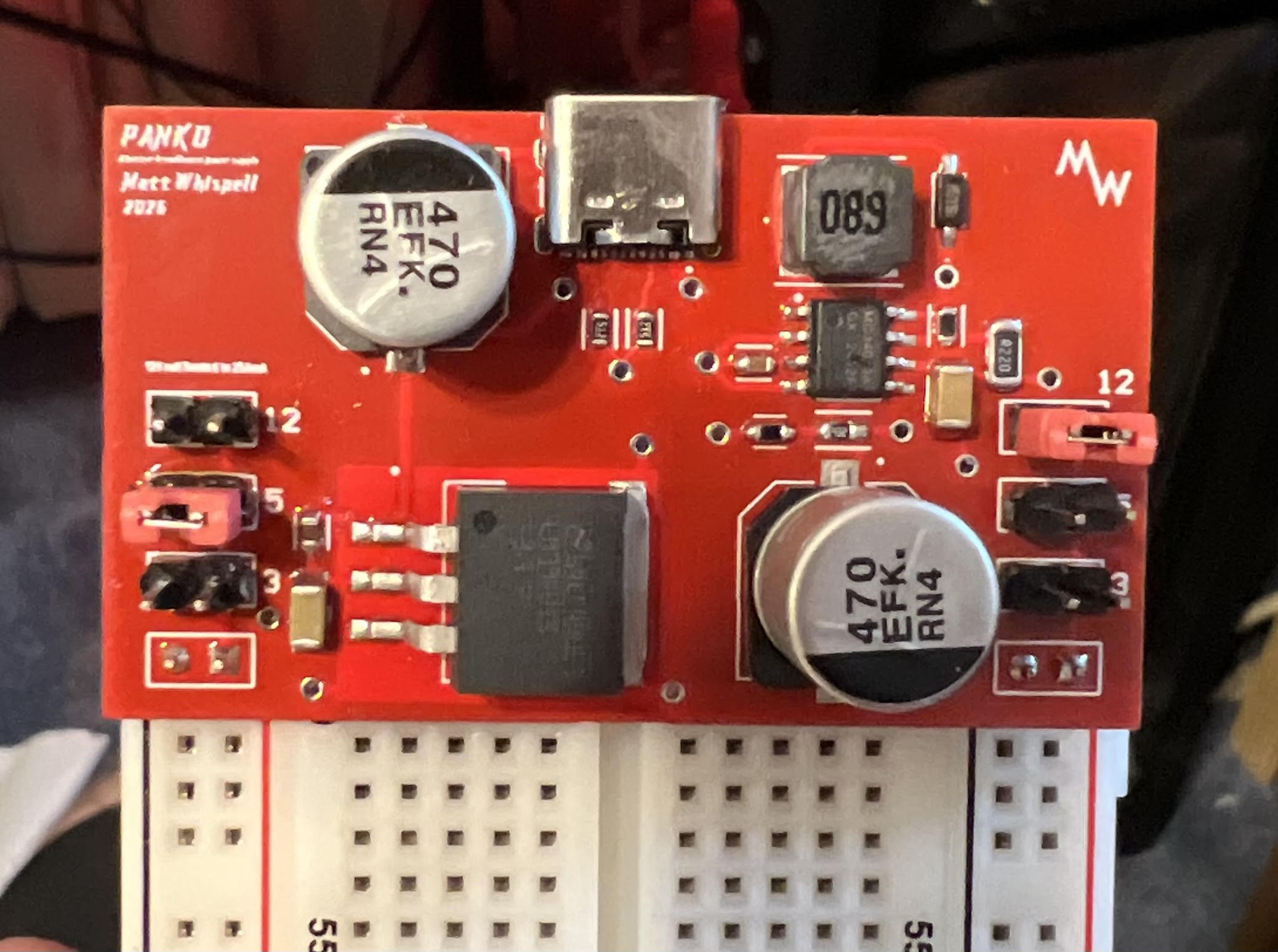 Assembled power supply board mounted on a breadboard